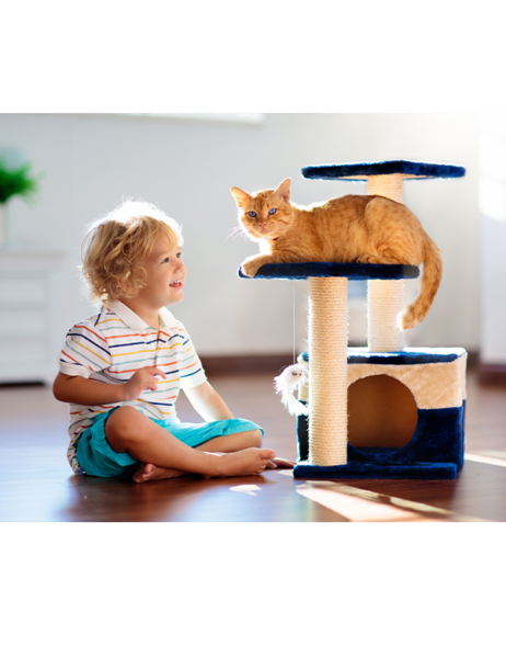 A toddler with a cat sitting on a cat tree